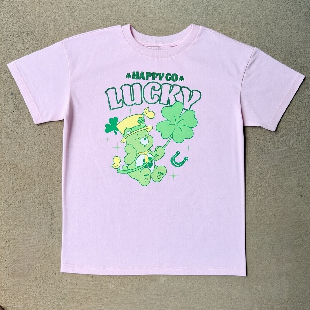 Care Bears Girls Happy Go Lucky St Patricks Day‎ Shirt Good Luck Bear Pink 6/7